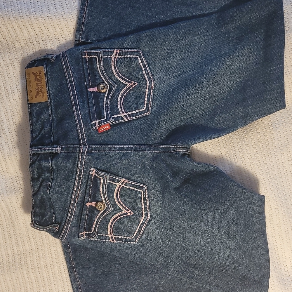 New Levi Girls 6 denim jeans regular boot cut with pink embroidery pockets